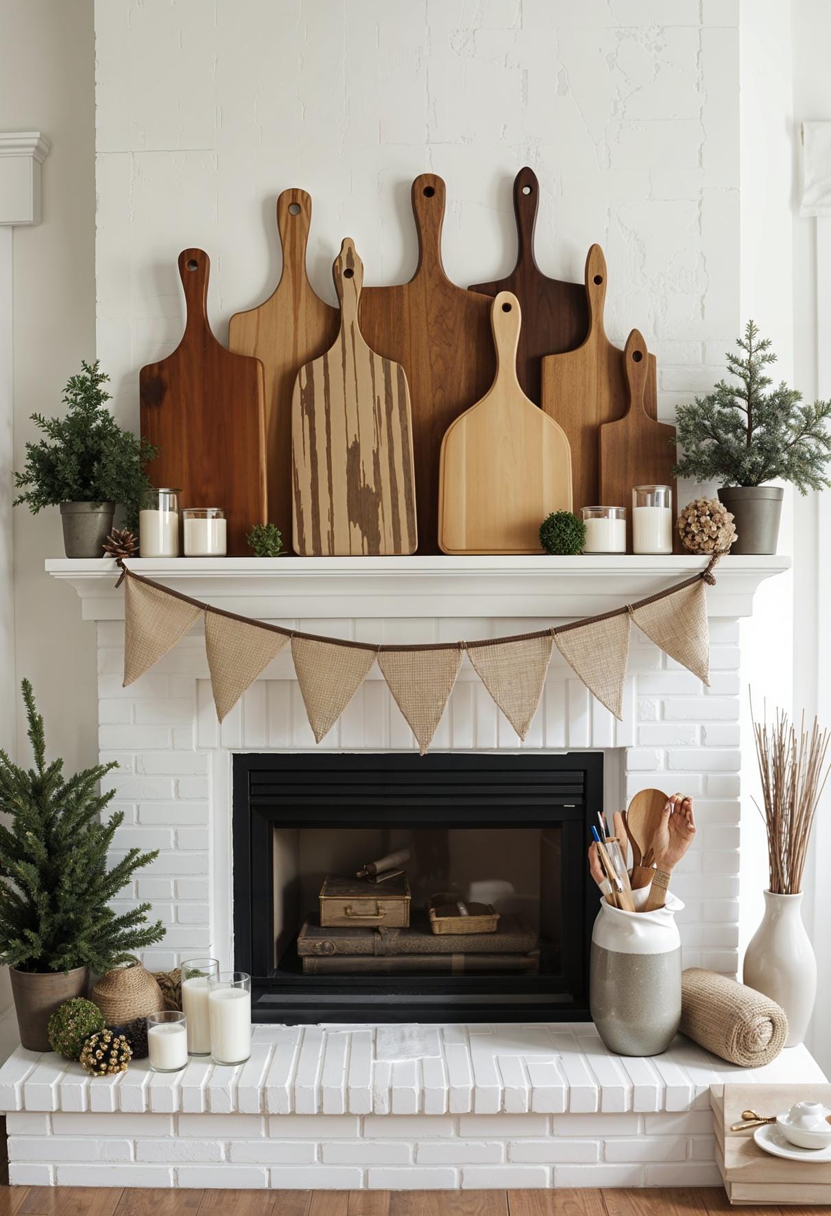 6. Neutral farmhouse mantels featuring wooden cutting boards collection-0