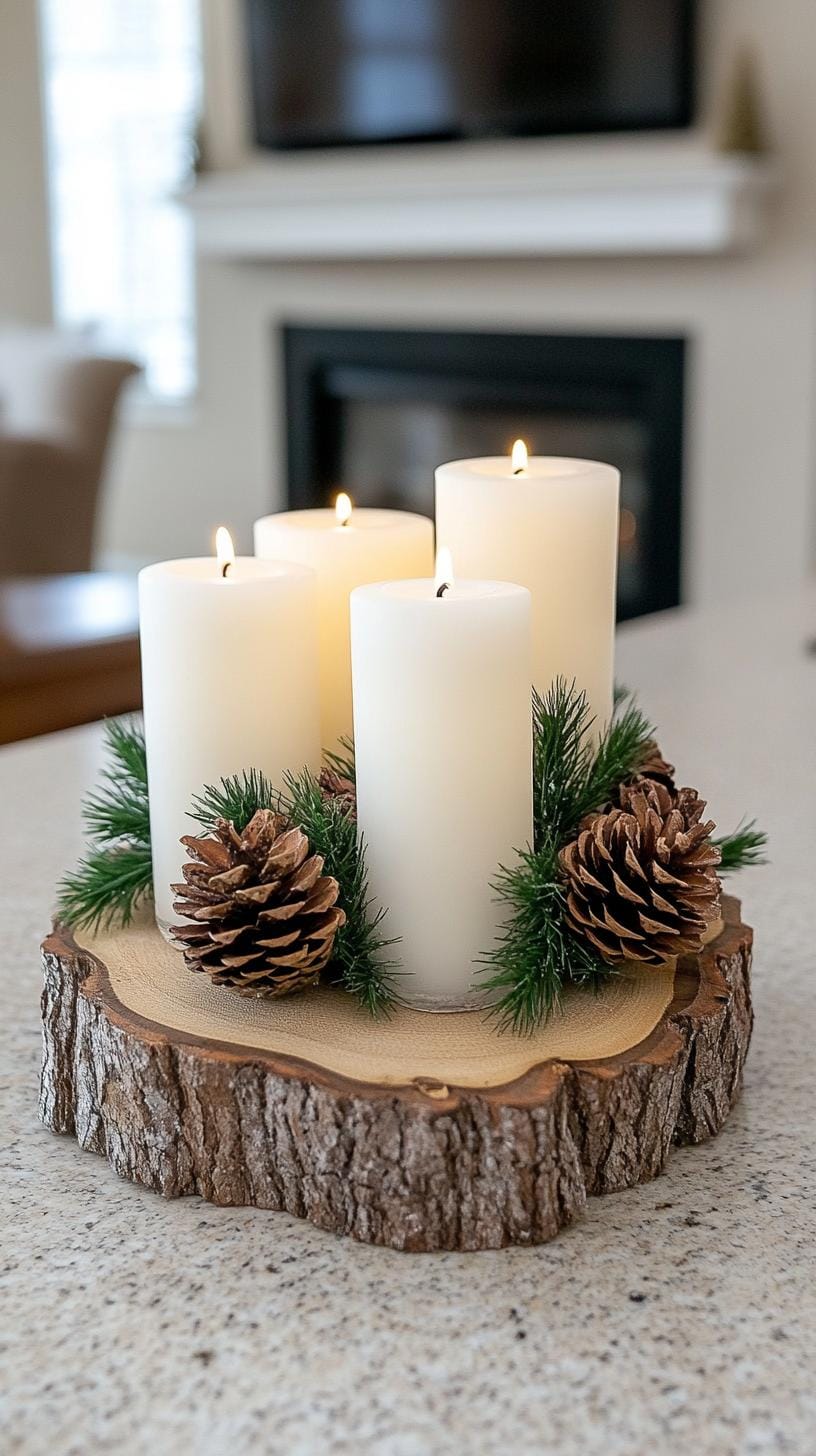 20. Organic winter centerpieces featuring pinecones and white candles-0