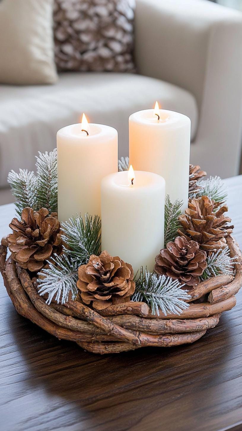 20. Organic winter centerpieces featuring pinecones and white candles-1