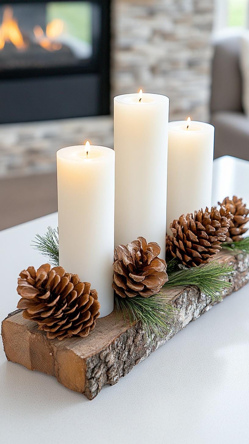 20. Organic winter centerpieces featuring pinecones and white candles-2