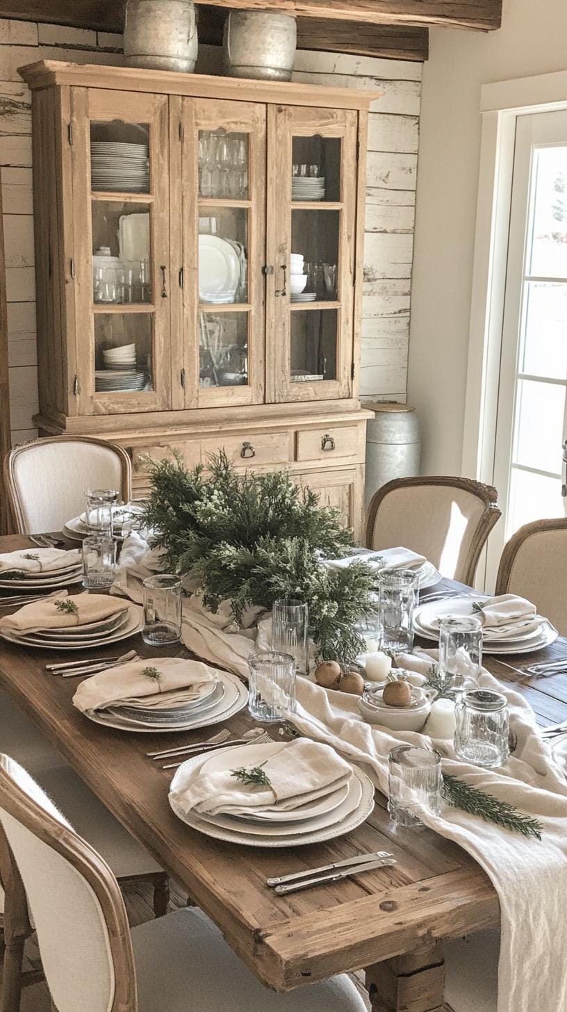 2. Rustic white chargers with fresh evergreen sprigs and napkins-0