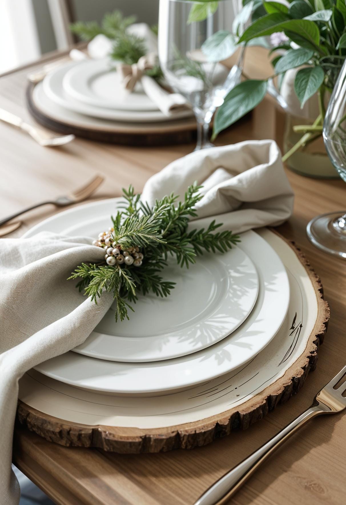 2. Rustic white chargers with fresh evergreen sprigs and napkins-1