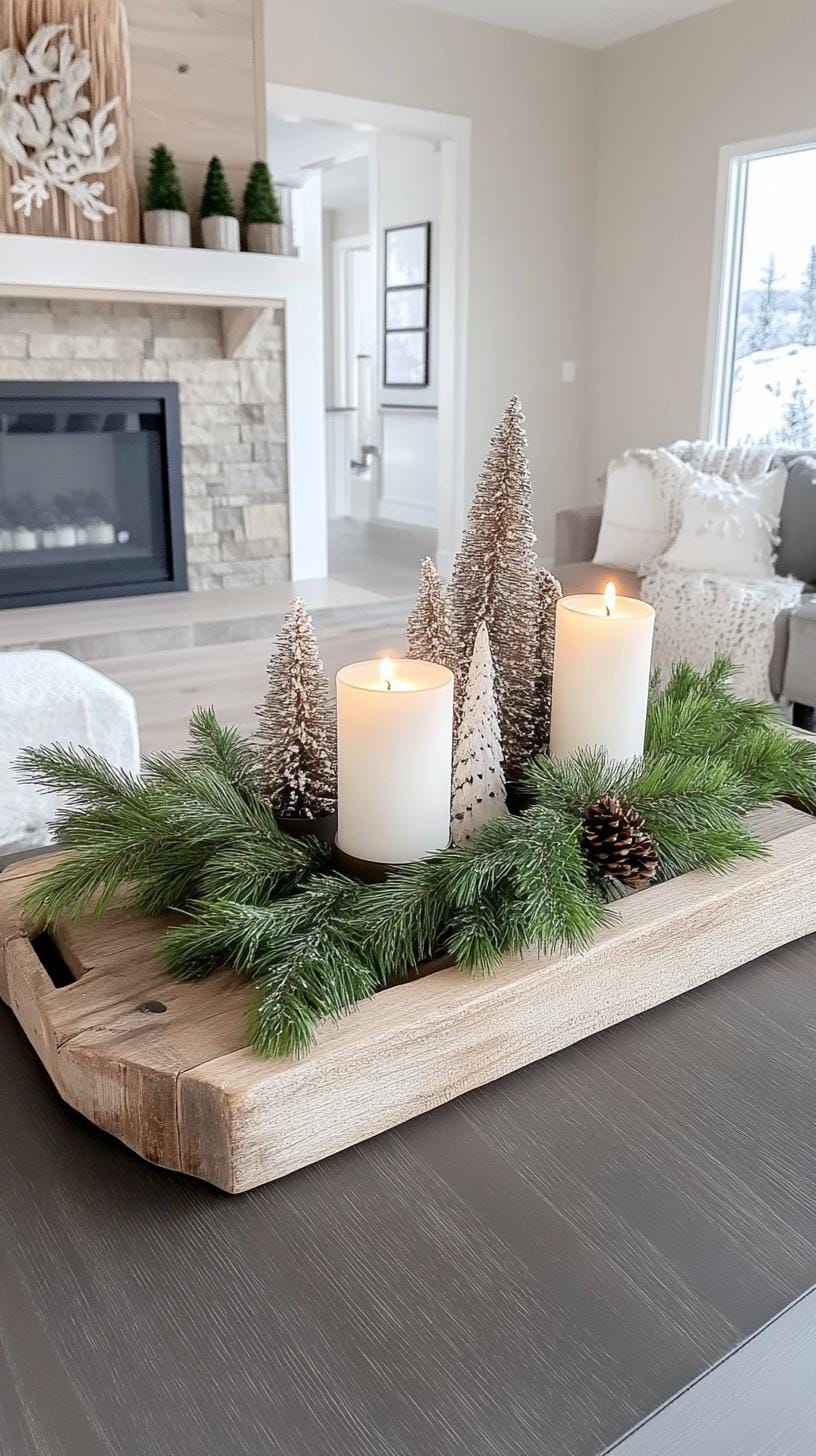 3. Rustic wooden trays styled with pine branches and votives-0