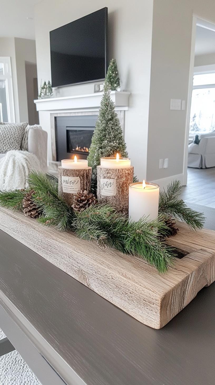 3. Rustic wooden trays styled with pine branches and votives-1