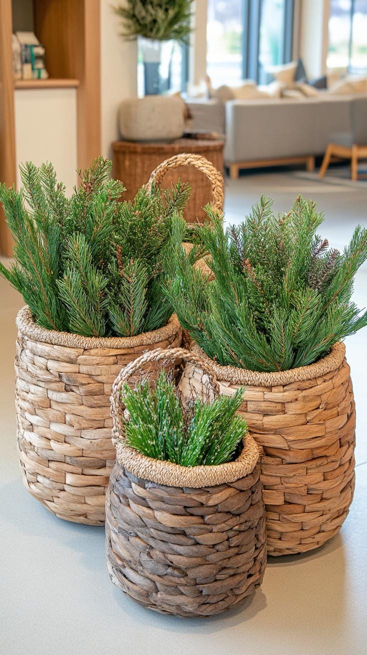 14. Rustic woven baskets filled with fresh cedar branches-2