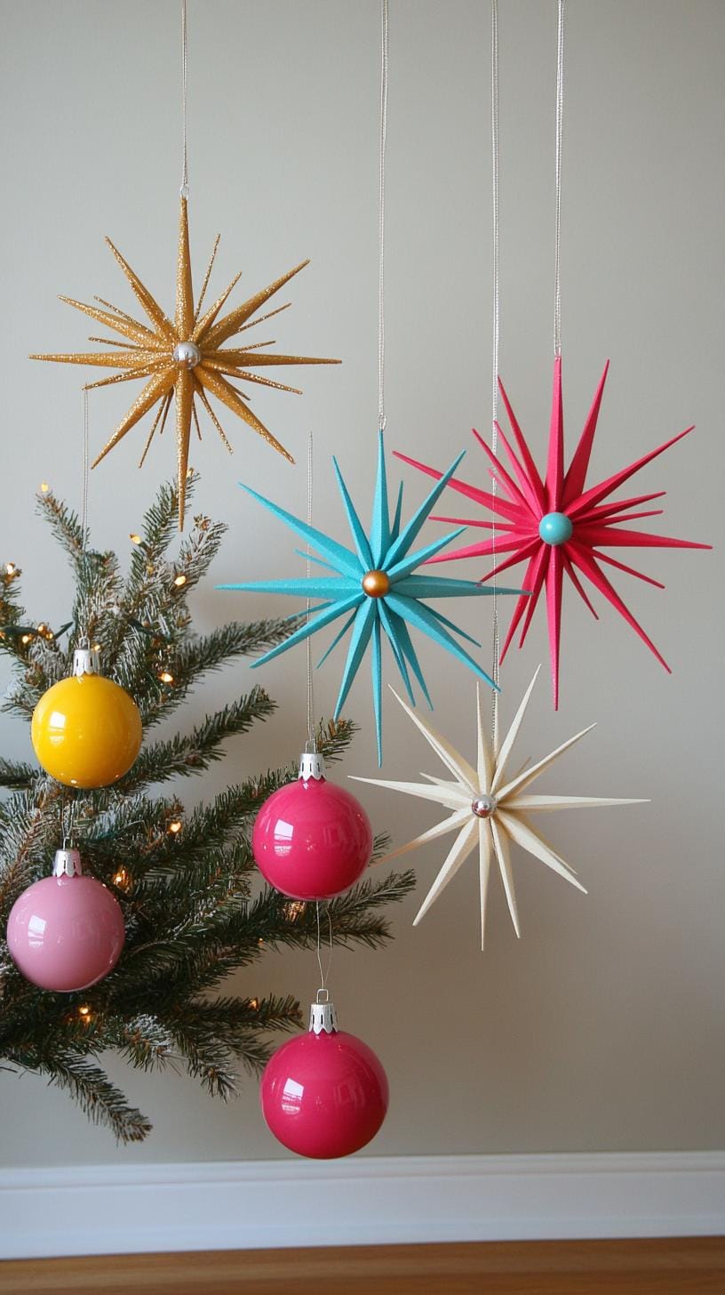 1. Starburst atomic ornaments in pink, gold, and turquoise-2