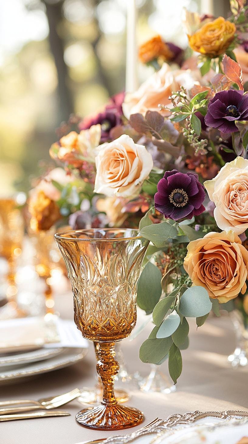 11. Traditional setting with amber glass and rich fall flowers-0