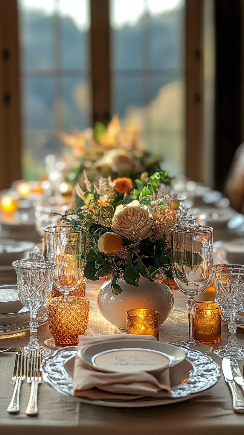 11. Traditional setting with amber glass and rich fall flowers-1