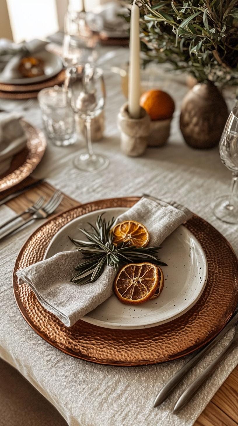 5. Vintage-inspired tablescape with copper chargers and dried citrus-0