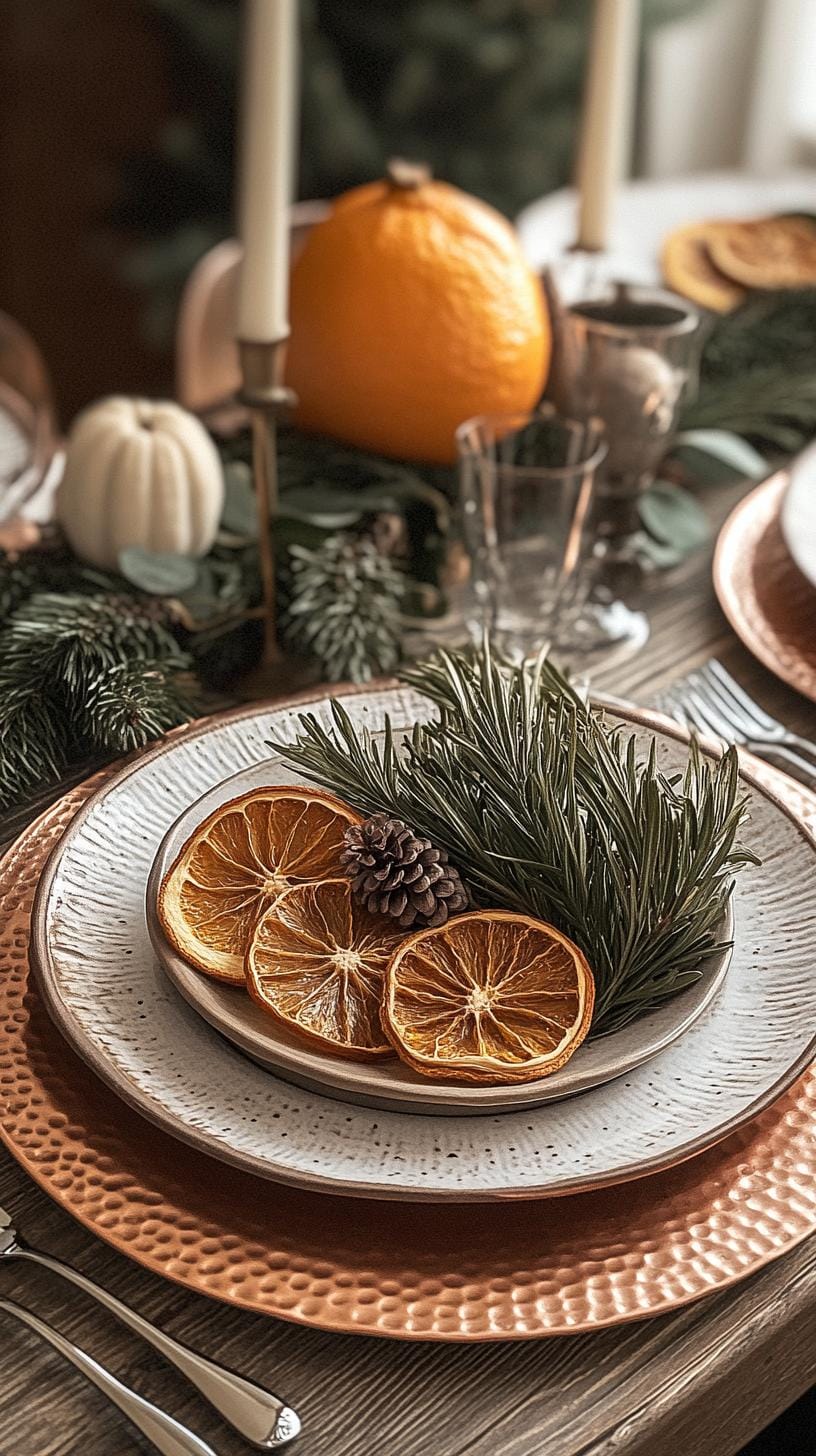 5. Vintage-inspired tablescape with copper chargers and dried citrus-1