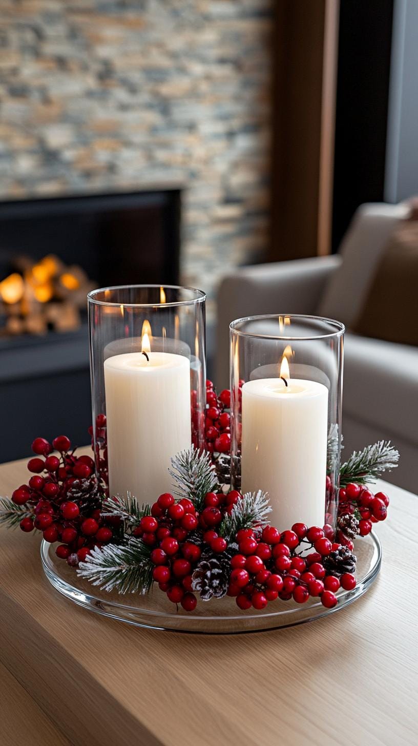 2. White candles in glass cylinders surrounded by red berries-0