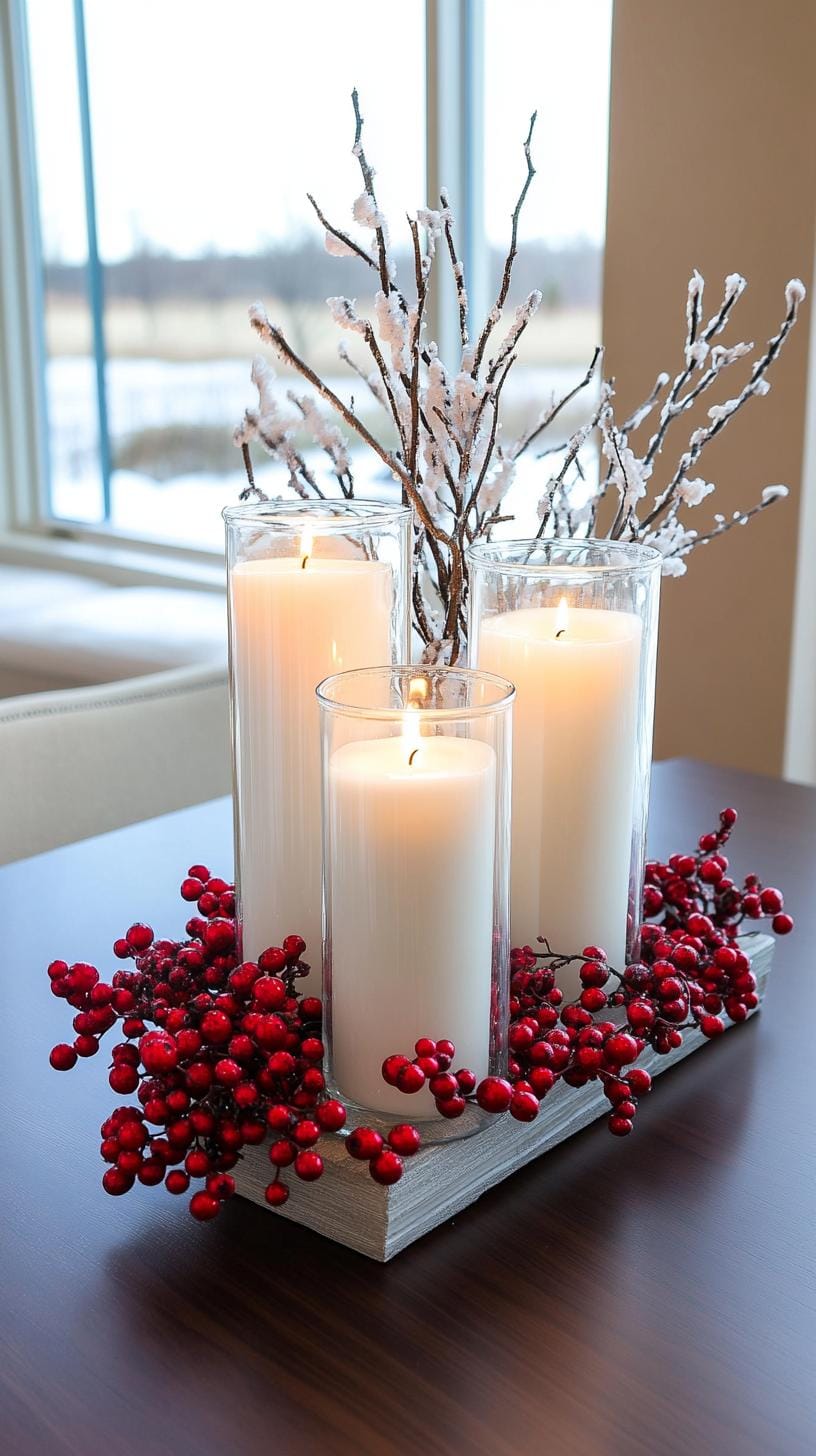 2. White candles in glass cylinders surrounded by red berries-1