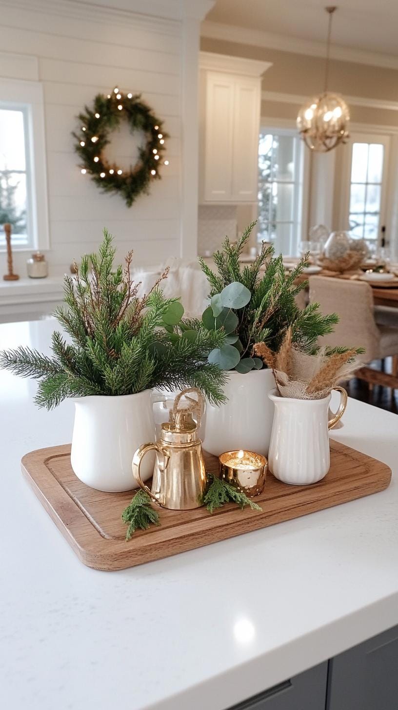 9. White ceramic pitchers holding asymmetrical evergreen and eucalyptus arrangements-0