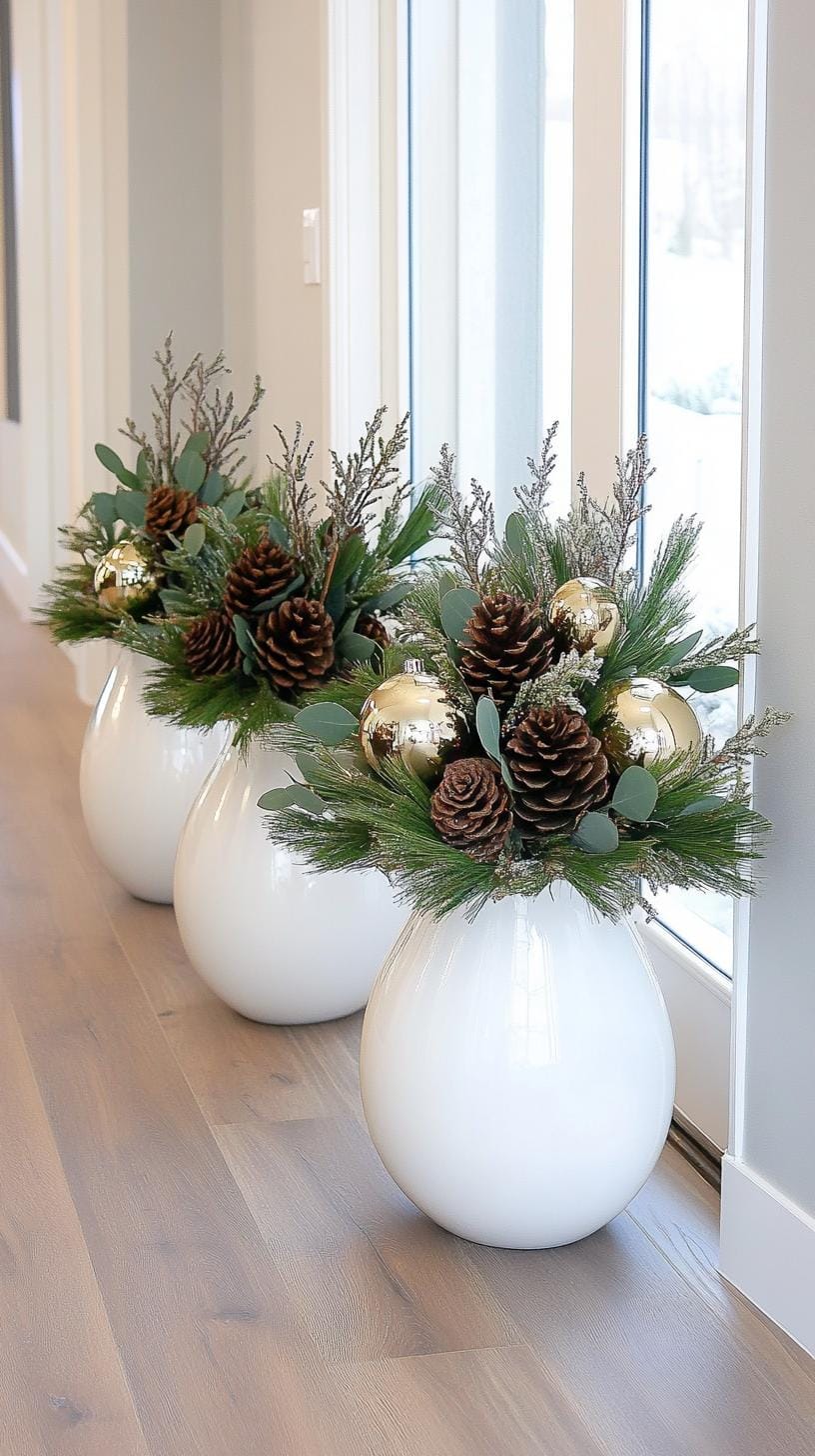 9. White ceramic pitchers holding asymmetrical evergreen and eucalyptus arrangements-1