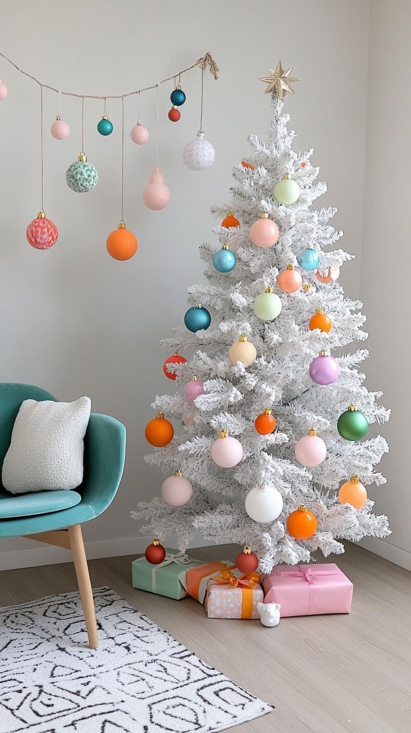 3. White flocked trees with pastel retro baubles-0