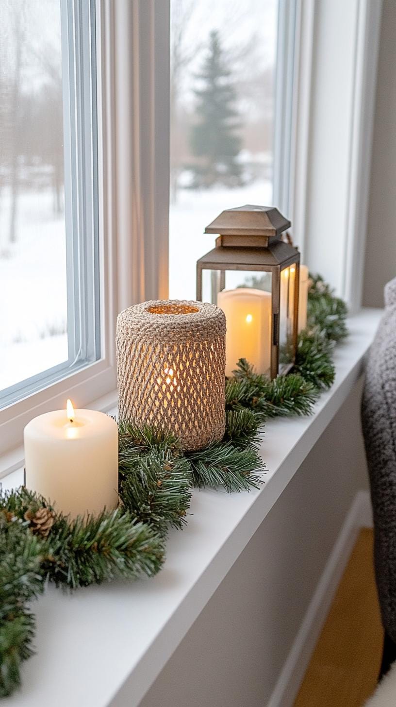 12. Window ledge vignettes with glowing lanterns and greenery garlands-0