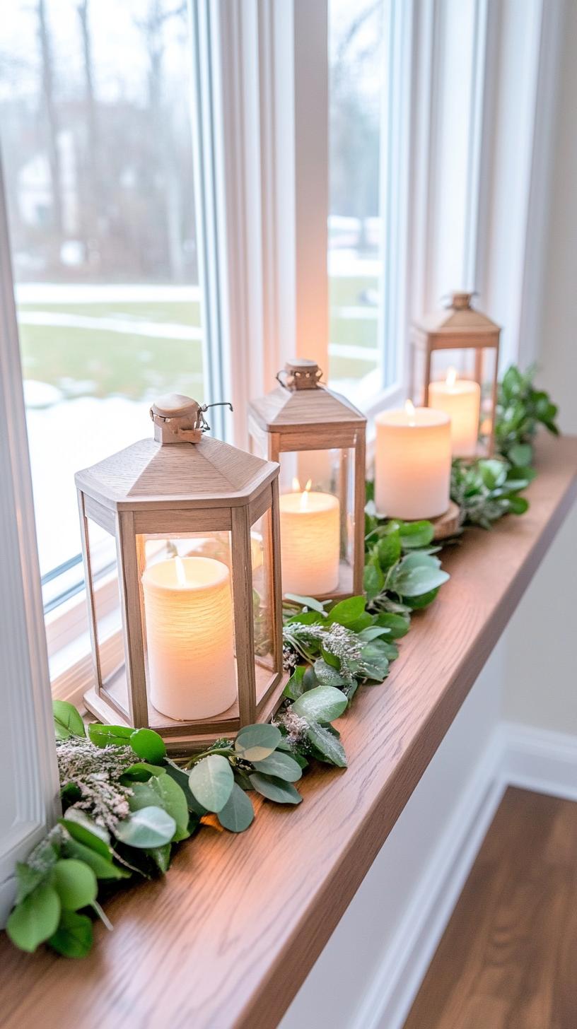 12. Window ledge vignettes with glowing lanterns and greenery garlands-2