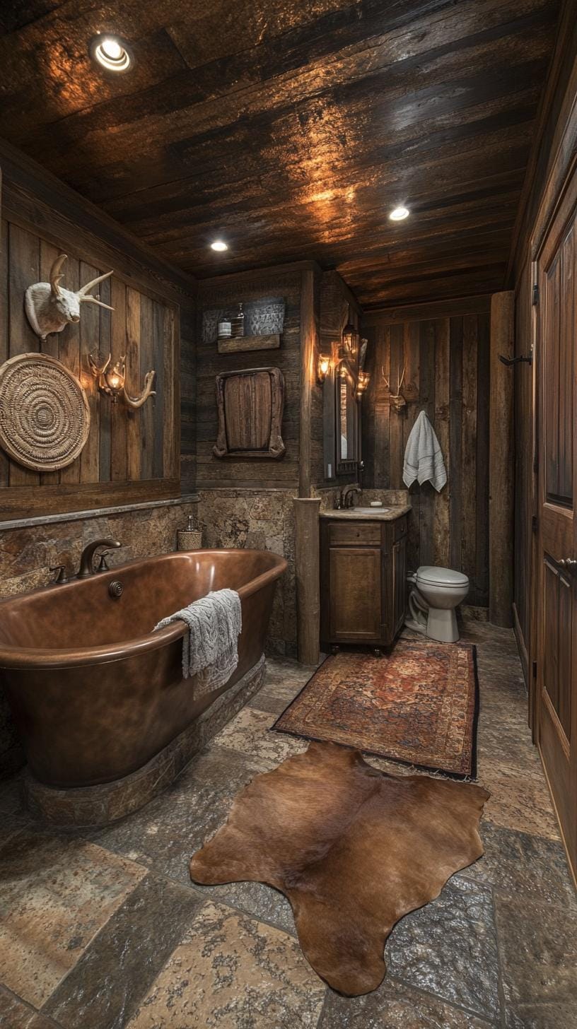 20. Bathroom with wood details, Western-themed shower curtain, and antlers-0