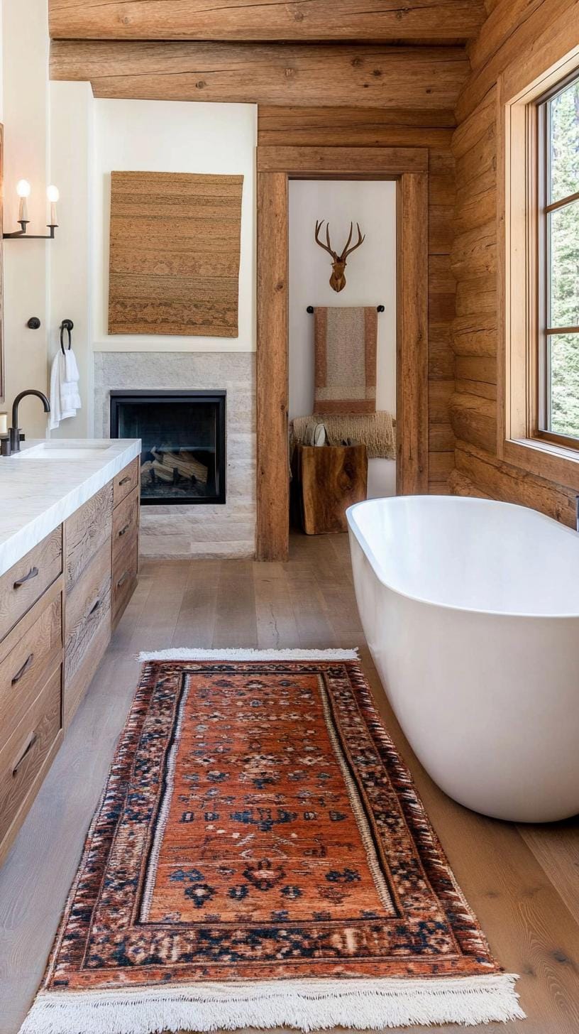 20. Bathroom with wood details, Western-themed shower curtain, and antlers-1