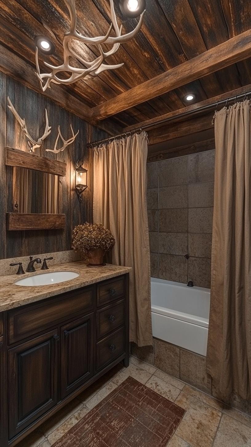 20. Bathroom with wood details, Western-themed shower curtain, and antlers-2