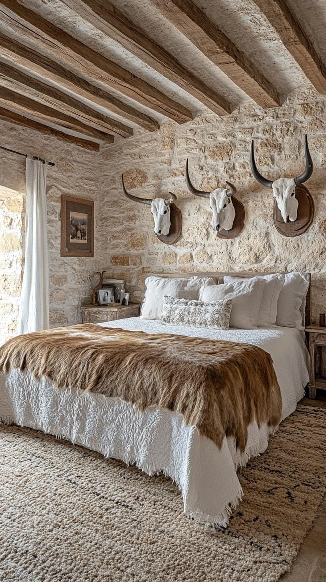 10. Bedroom with animal-hide bedspread and mounted steer horns-0