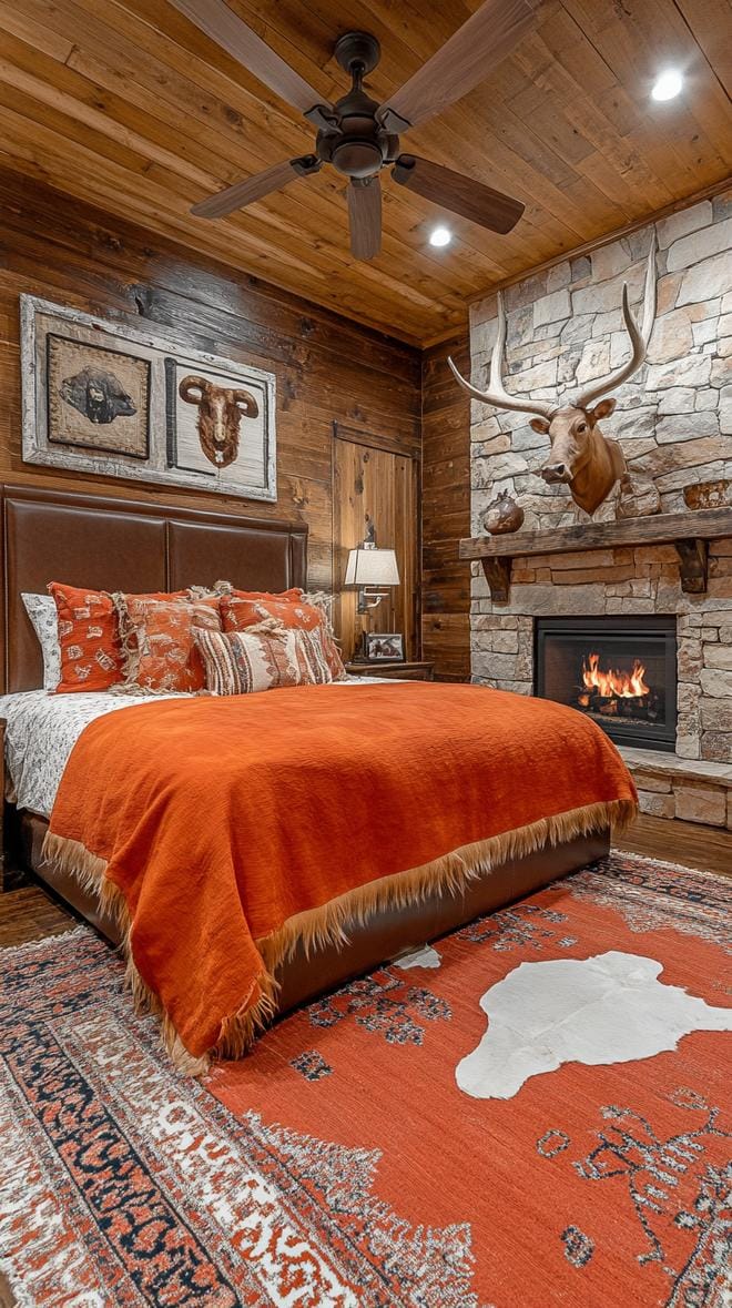 10. Bedroom with animal-hide bedspread and mounted steer horns-1