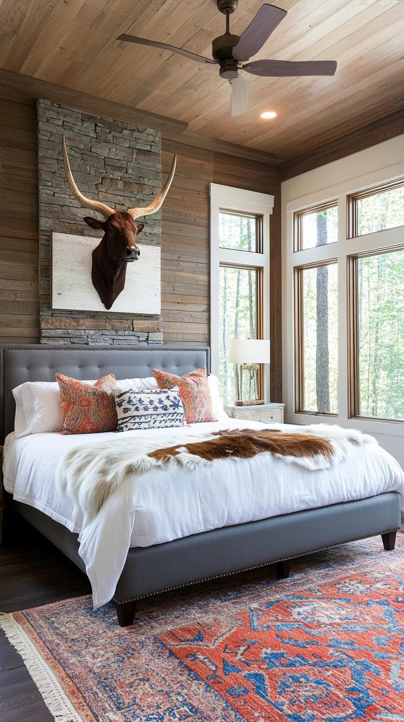 10. Bedroom with animal-hide bedspread and mounted steer horns-2