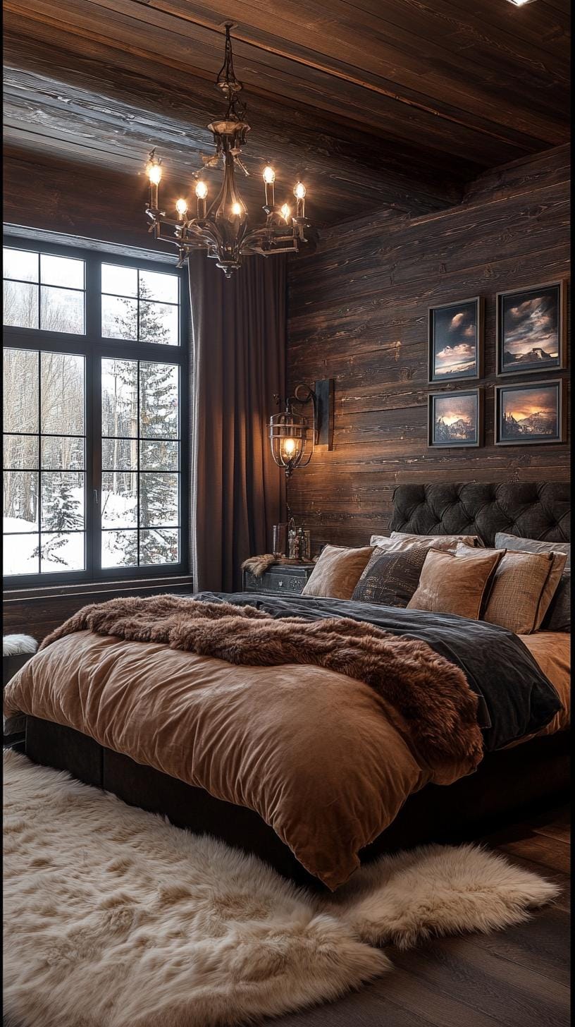 15. Bedroom with dark wood walls, fur rugs, and Western accents-0