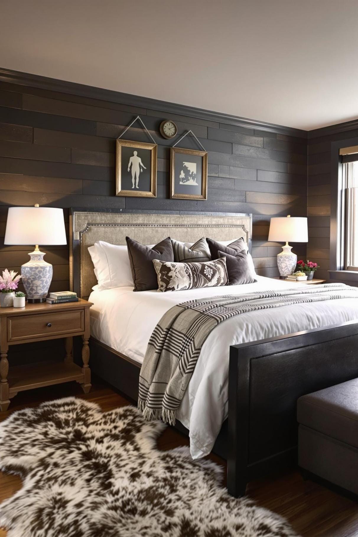 15. Bedroom with dark wood walls, fur rugs, and Western accents-1