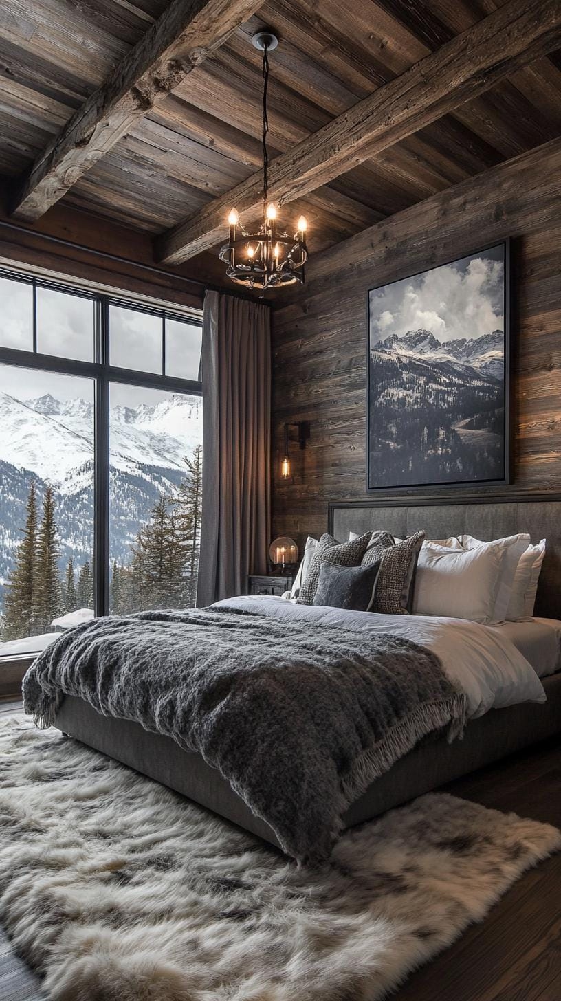 15. Bedroom with dark wood walls, fur rugs, and Western accents-3