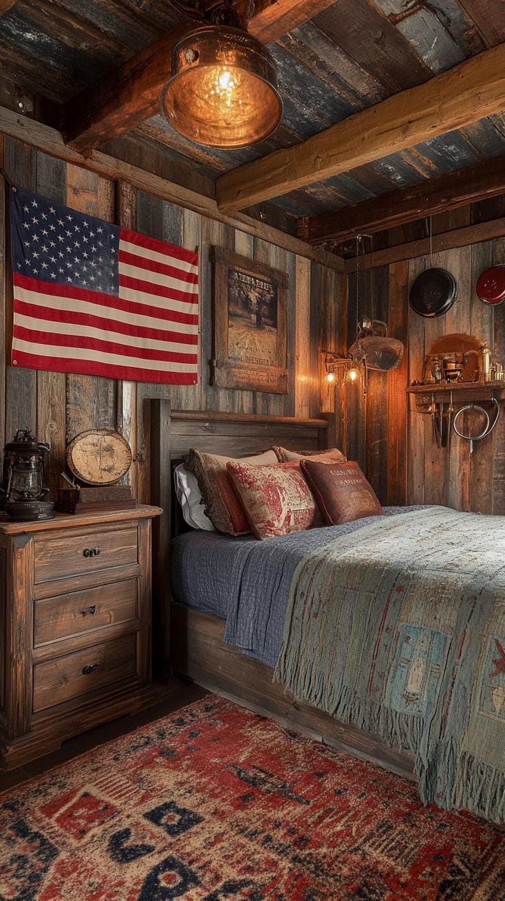 24. Bedroom with large American flag wall and eclectic Western art-0