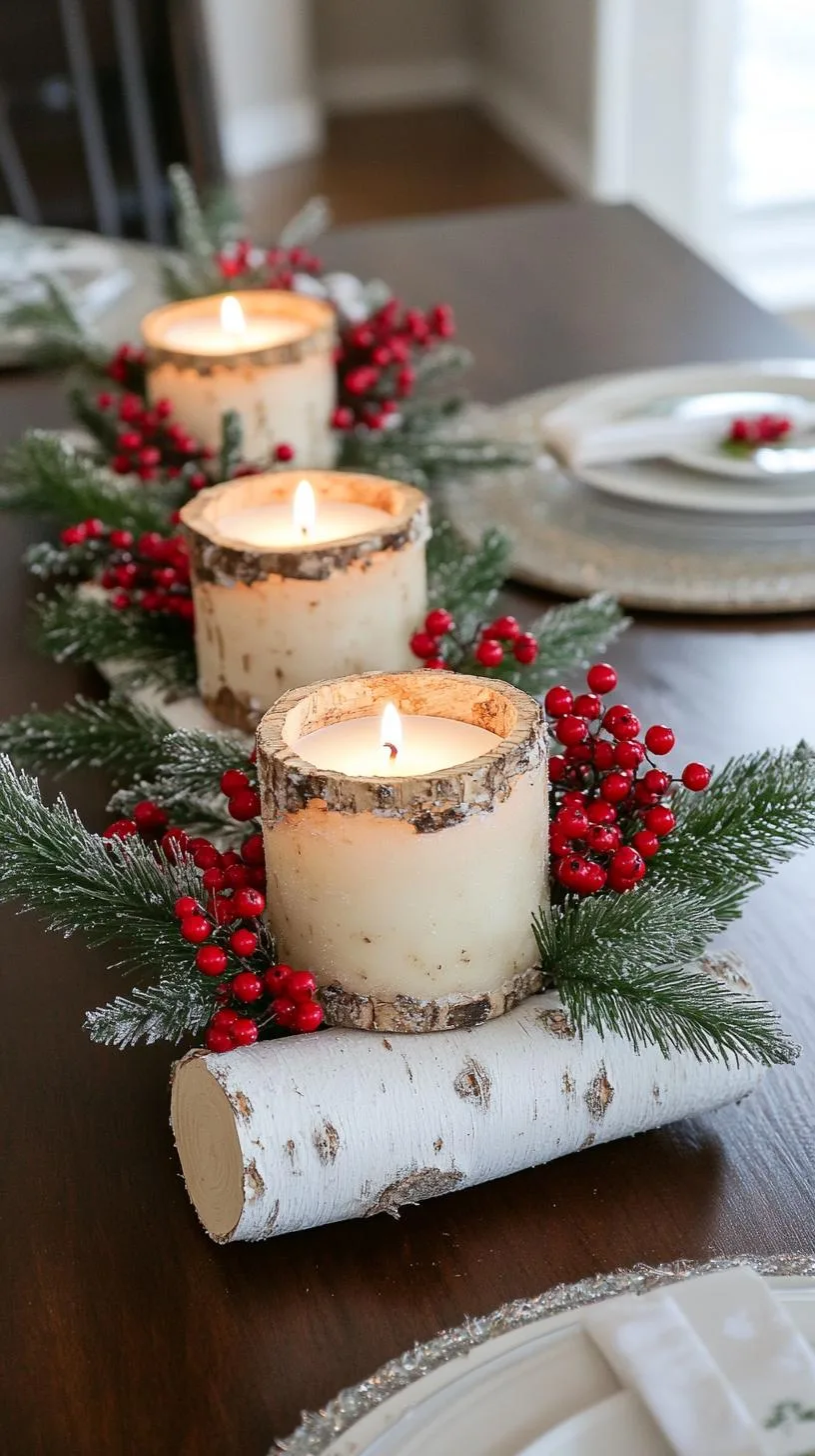 15 Stunning Winter Centerpieces to Transform Your Table 23 5. Birch Log Trio: Lay three birch logs of ascending lengths in the center, topped with white birch bark candles and sprigs of red winter berries-0