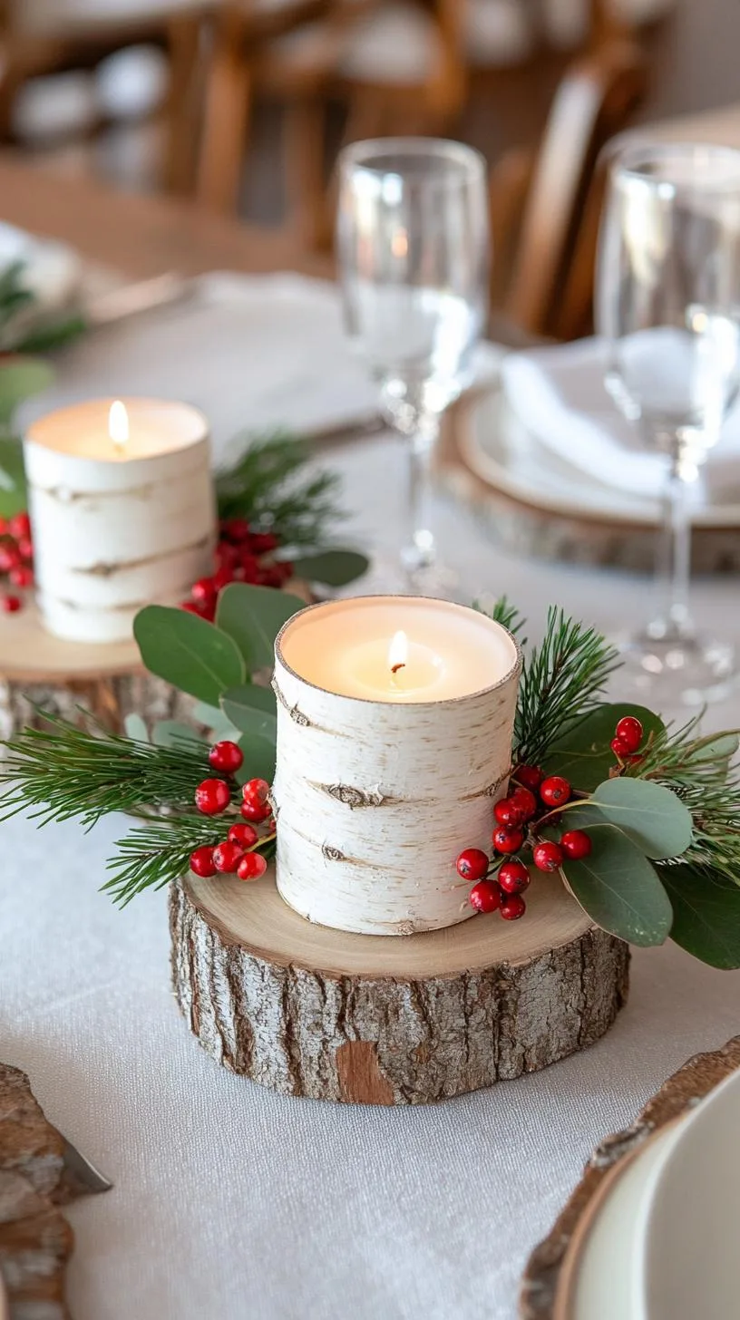 15 Stunning Winter Centerpieces to Transform Your Table 24 5. Birch Log Trio: Lay three birch logs of ascending lengths in the center, topped with white birch bark candles and sprigs of red winter berries-1