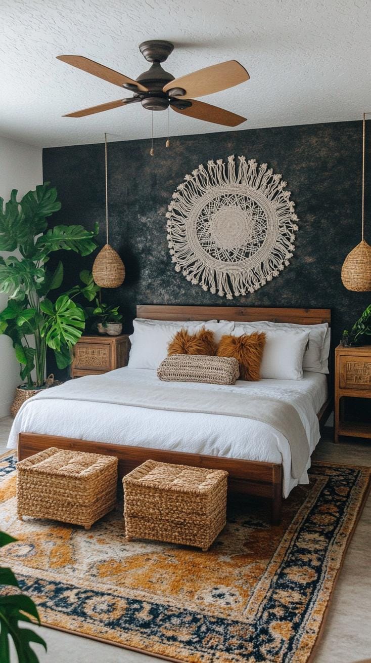 5. Black accent wall with macramé hangings and lush greenery-0