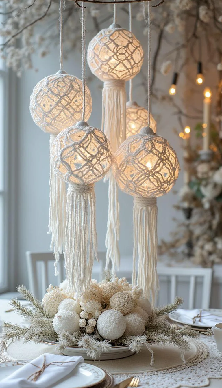 15 Stunning Winter Centerpieces to Transform Your Table 51 11. Bohemian Yarn Orb: Wrap white yarn around inflated balloons, harden with glue, and then pop the balloon for an ethereal lace orb effect-0