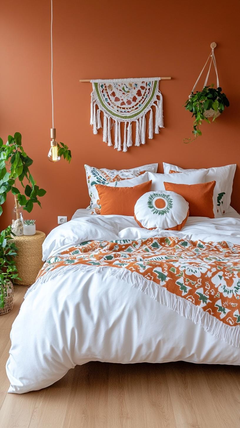 22. Bold terracotta walls with patterned bedspread and cozy lights-0