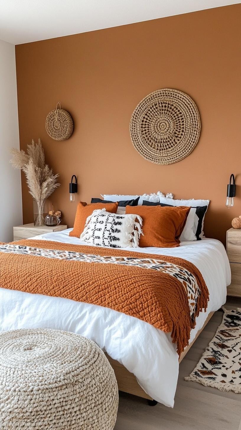 22. Bold terracotta walls with patterned bedspread and cozy lights-1