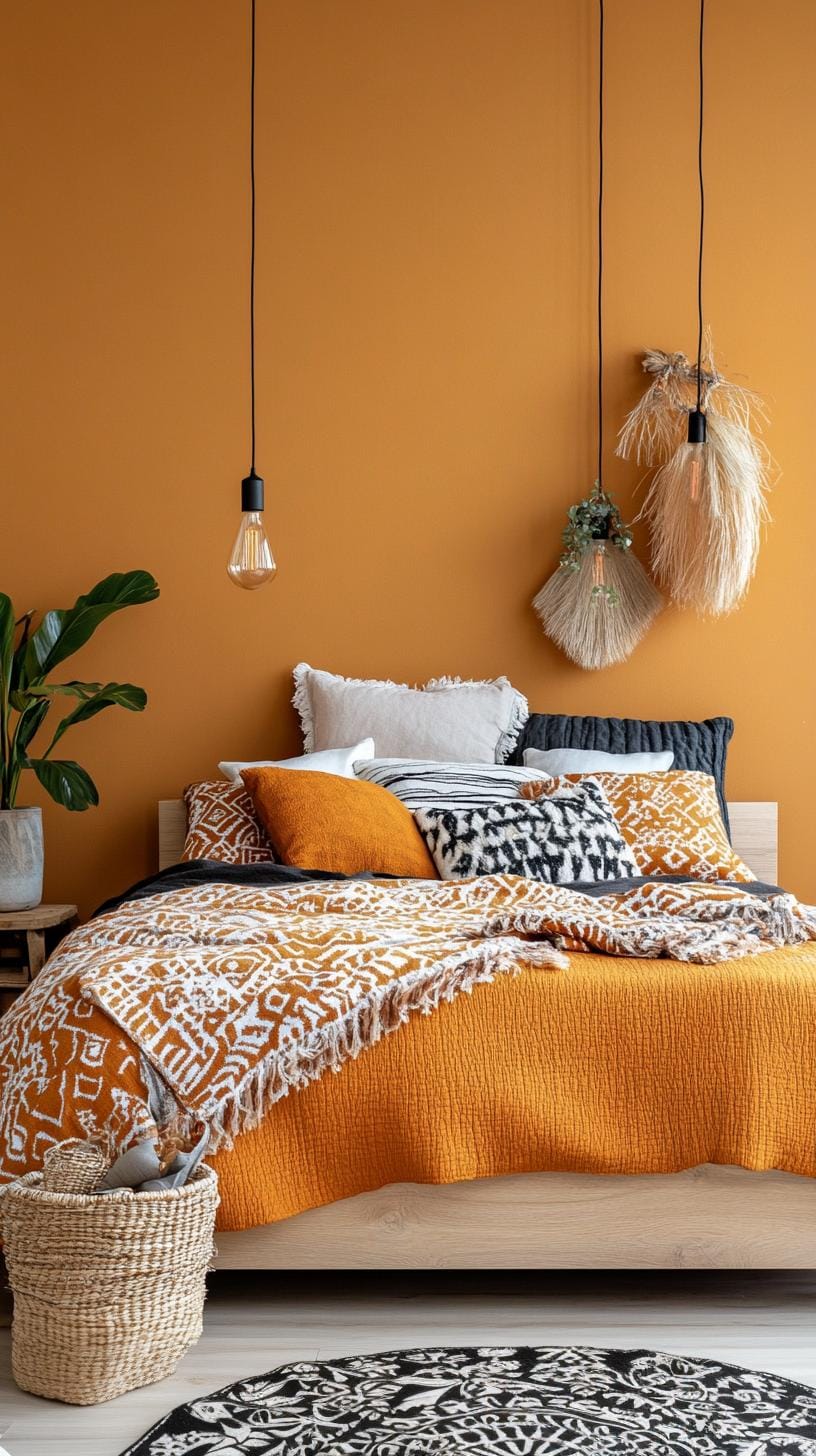 22. Bold terracotta walls with patterned bedspread and cozy lights-2