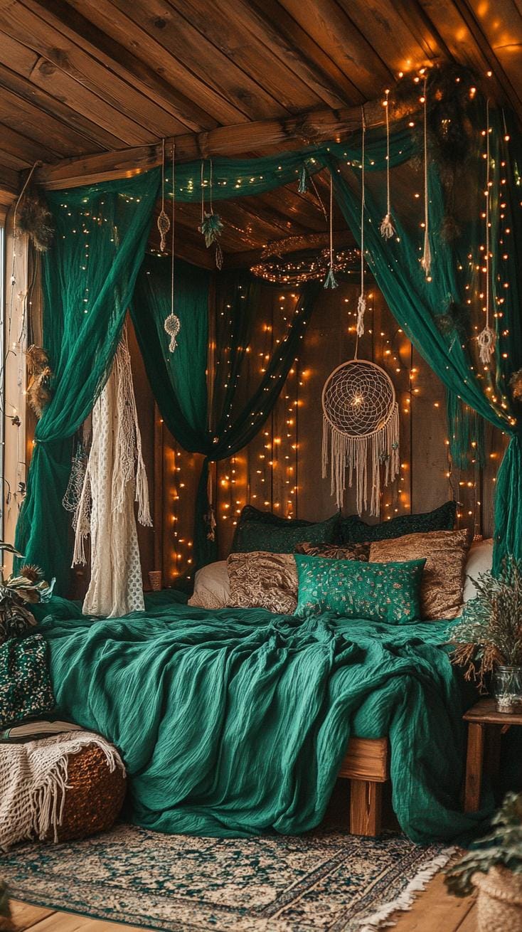 7. Canopy bed with heavy drapes and ambient string lights-0