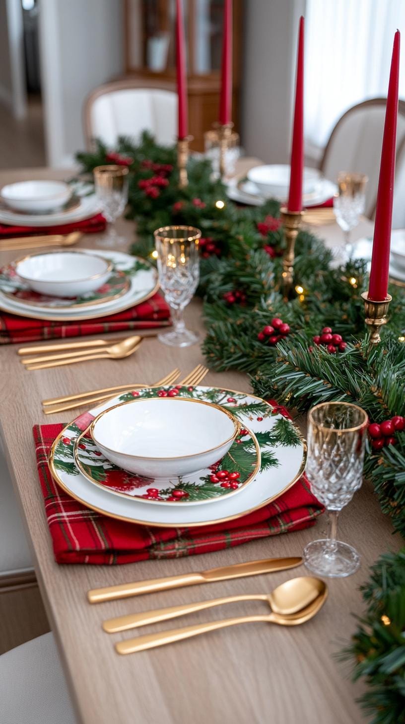 9. Classic Red and Green Christmas Table Dressed in Tartan and Plaid-0