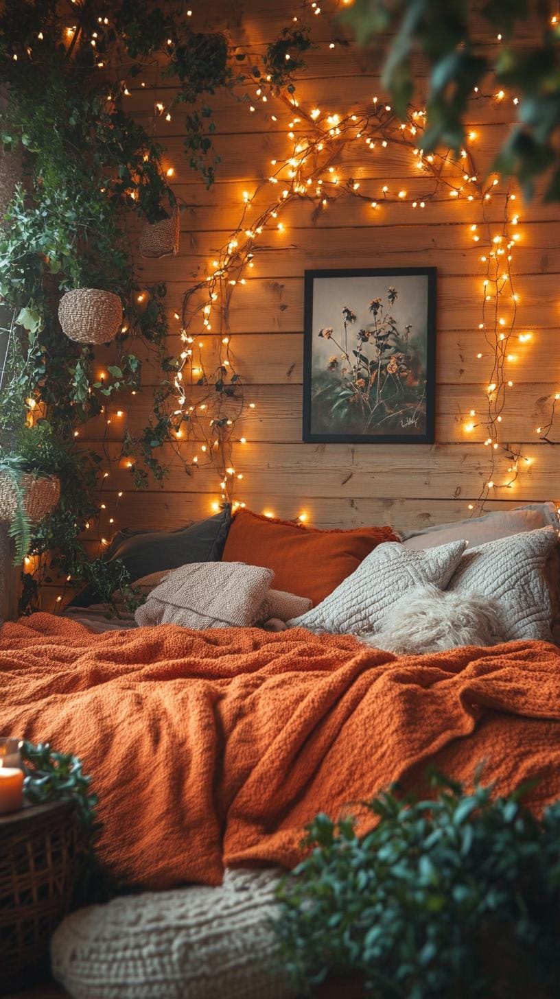 2. Cozy bed with deep-toned blankets, vintage art, and moody lights-0