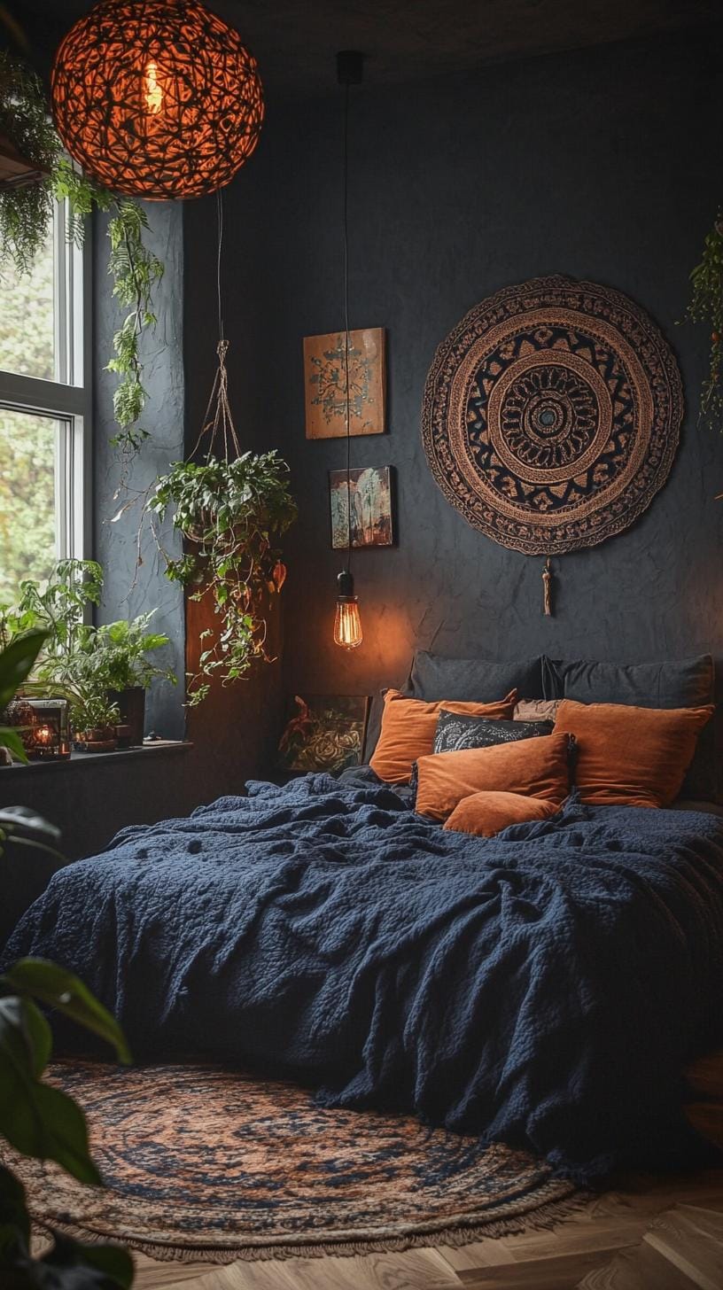 2. Cozy bed with deep-toned blankets, vintage art, and moody lights-1