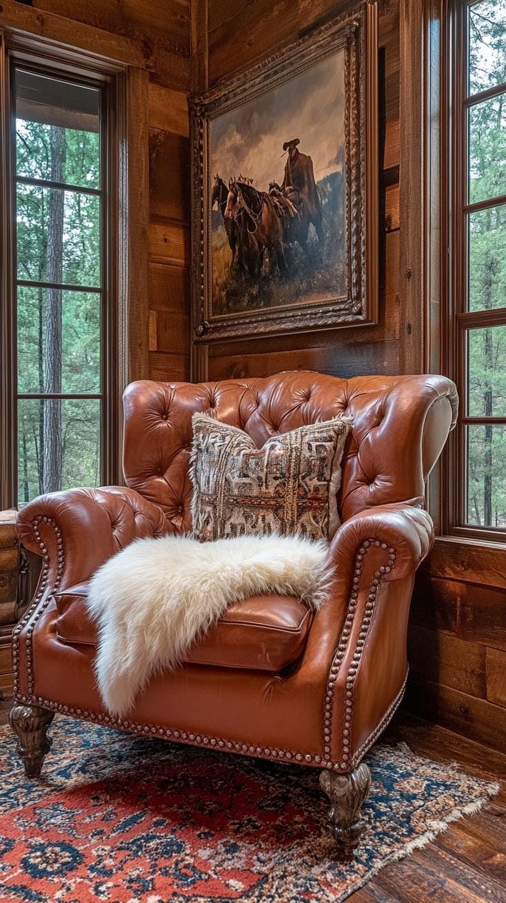 25. Cozy reading nook with leather armchair, fur throw, and cowboy art-0