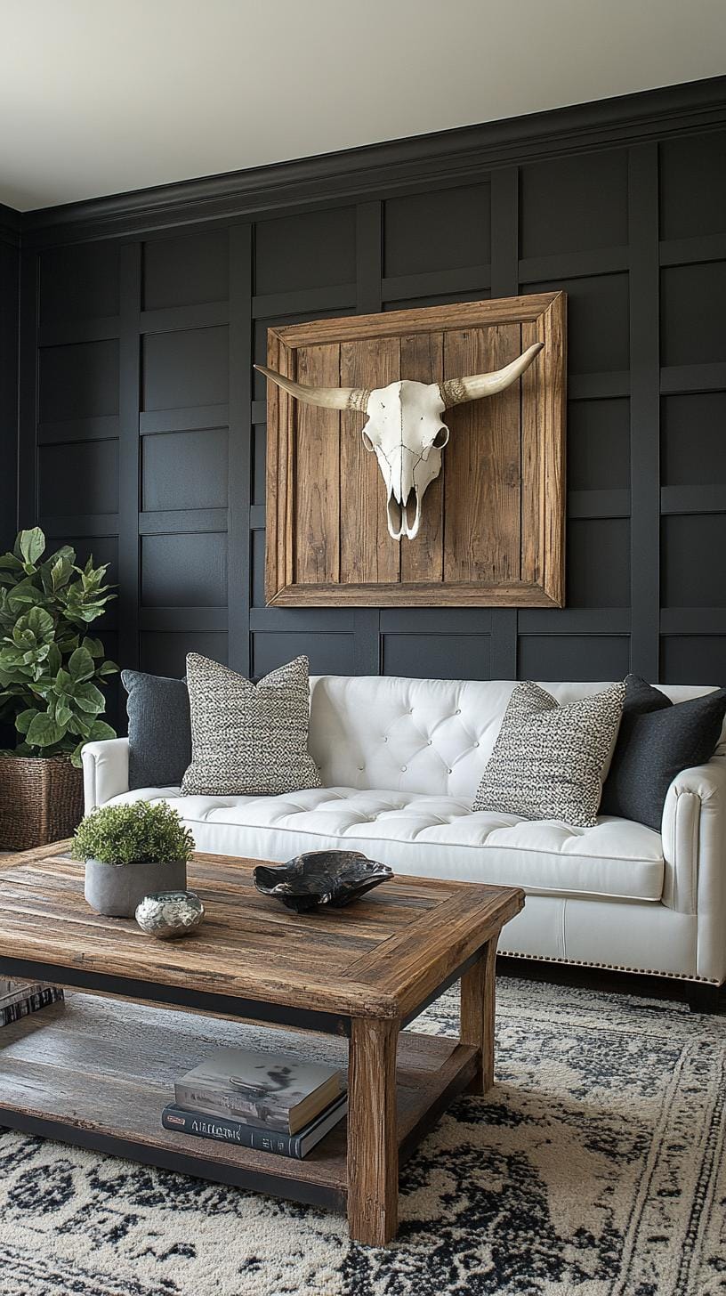 19. Dark accent wall with cow skull, wood-framed art, and plants-0