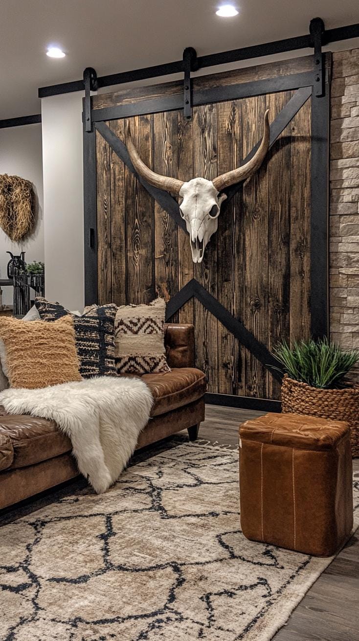 19. Dark accent wall with cow skull, wood-framed art, and plants-2