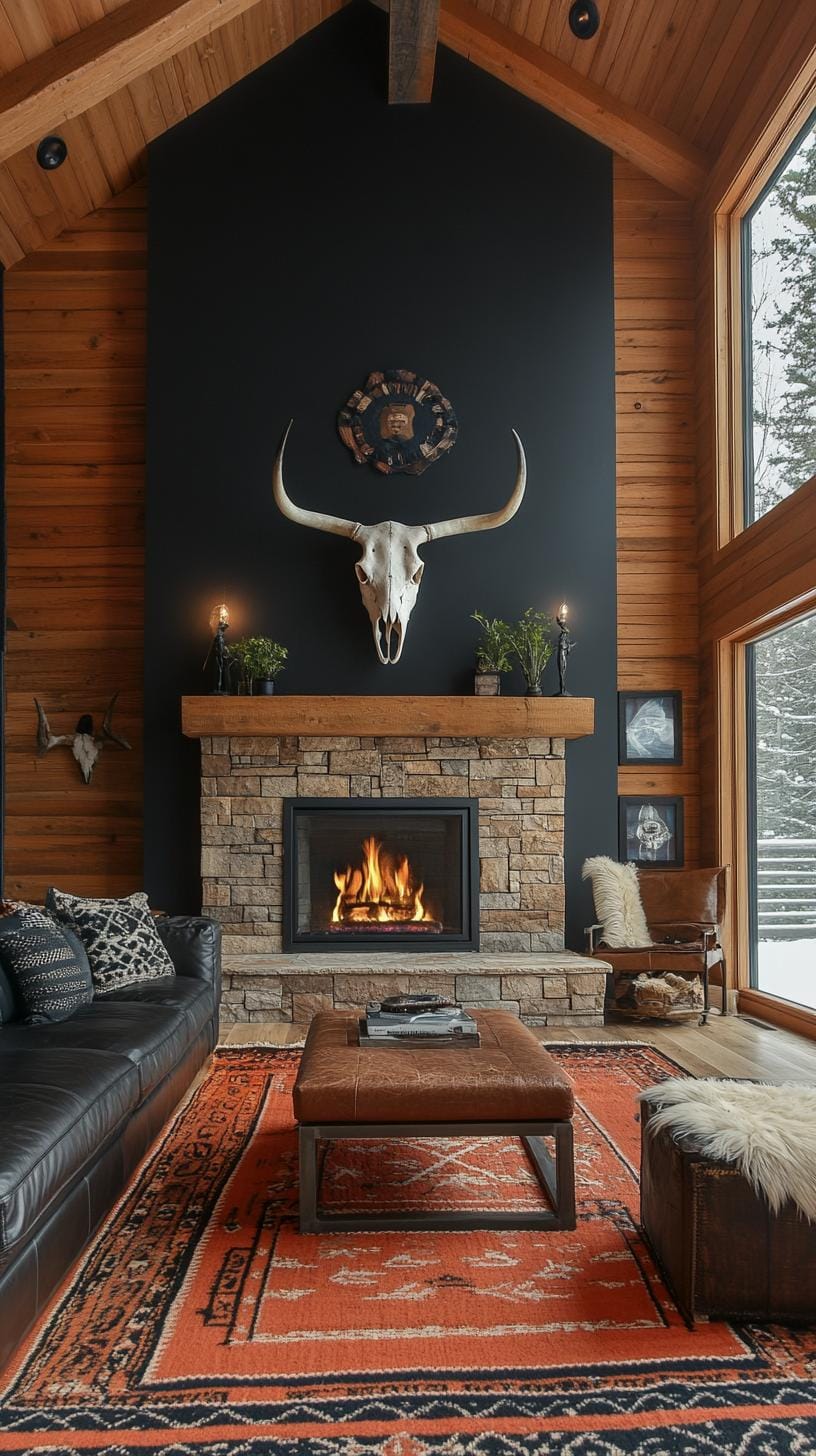 19. Dark accent wall with cow skull, wood-framed art, and plants-3