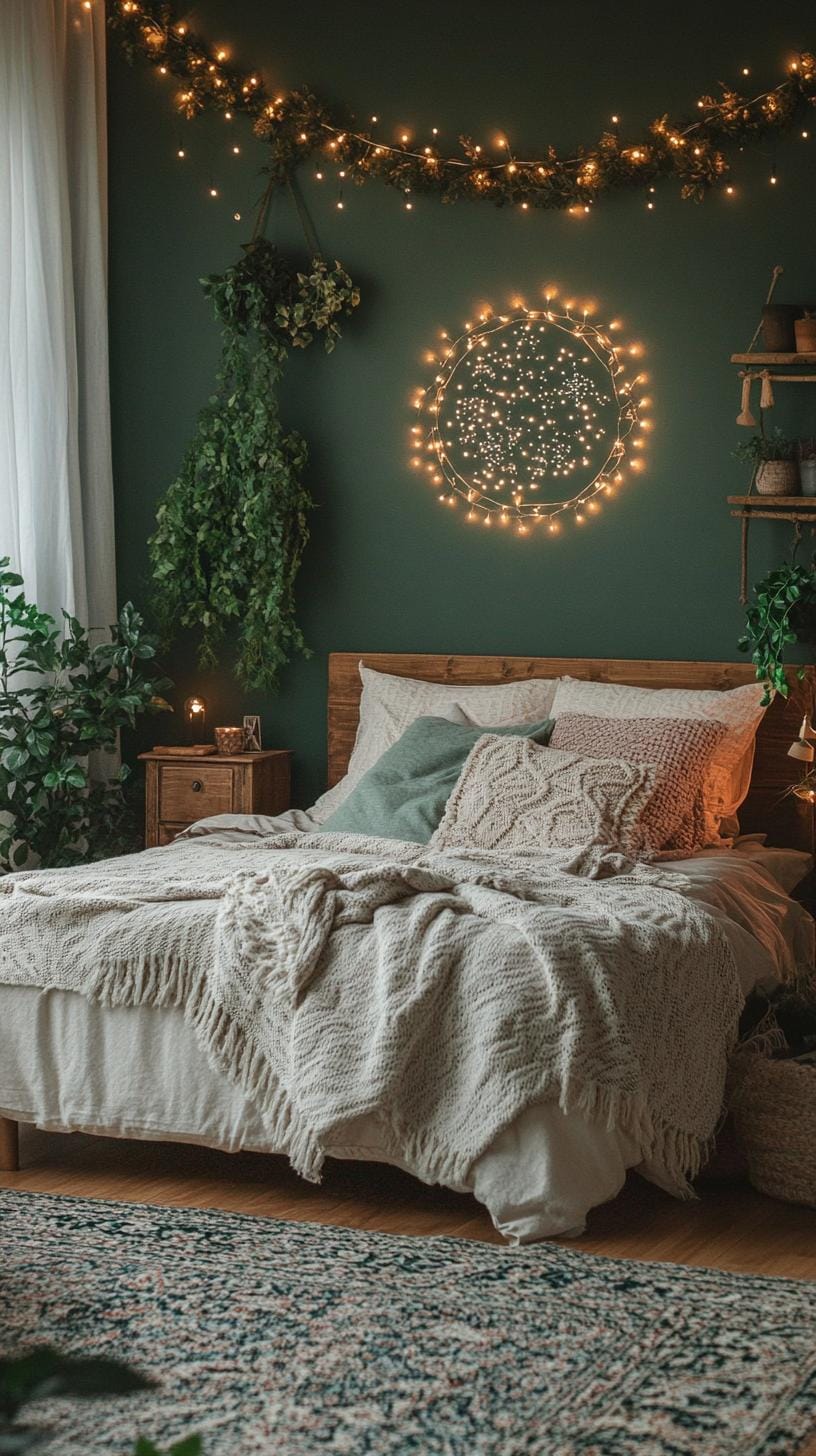 1. Dark green walls with layered boho textiles and dim lighting-0