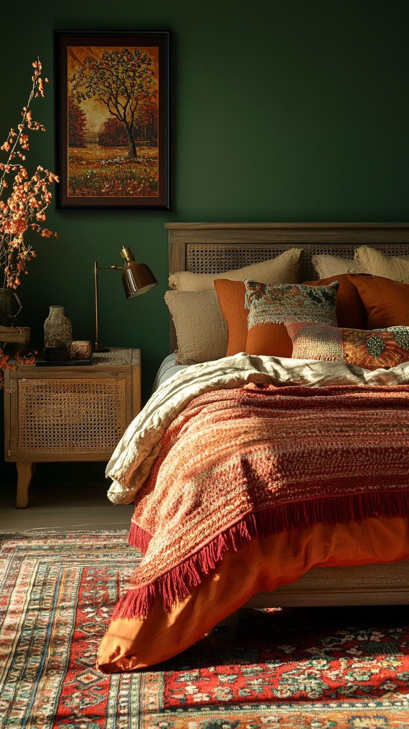 1. Dark green walls with layered boho textiles and dim lighting-1