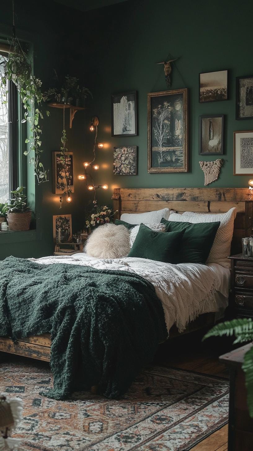 1. Dark green walls with layered boho textiles and dim lighting-2