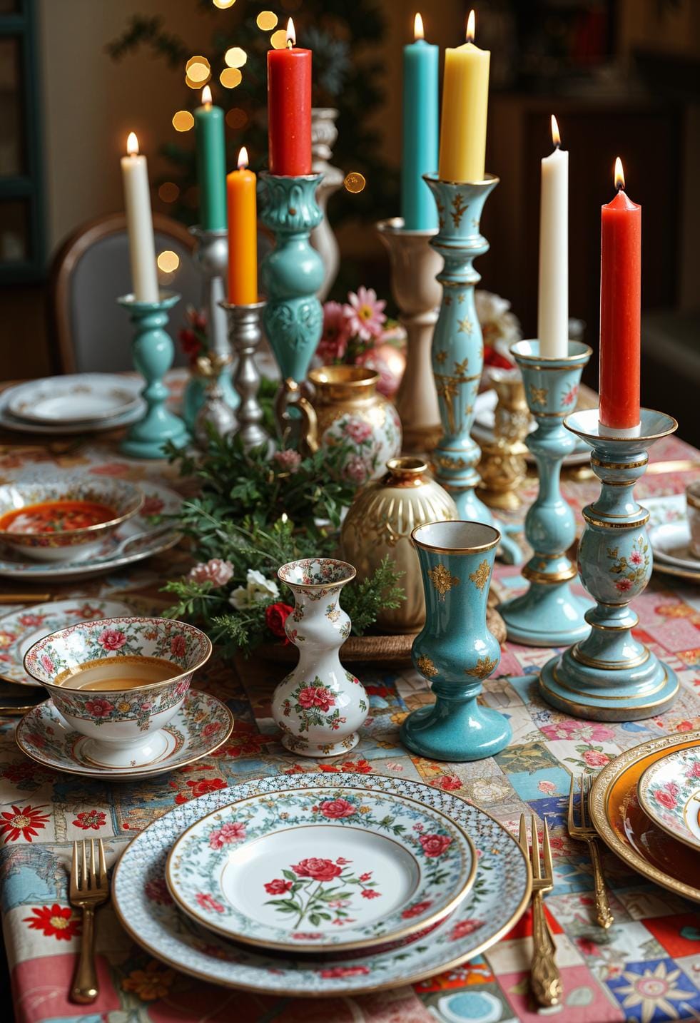 5. Eclectic Christmas Table with Mismatched Vintage China and Candleholders-1